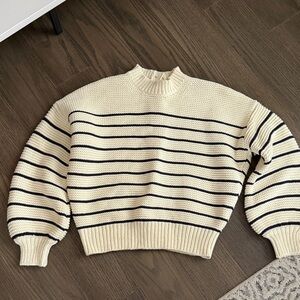 Alex Mill 100% Cotton Striped Cream and Navy Crewneck Reversible Nico Cardigan